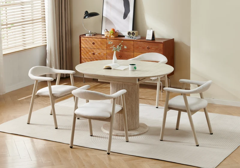 Ensemble table à manger extensible travertin et 4 chaises - Leon