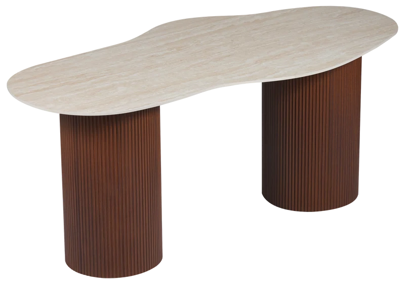 Table à manger effet travertin organique et pieds noyer - Venza