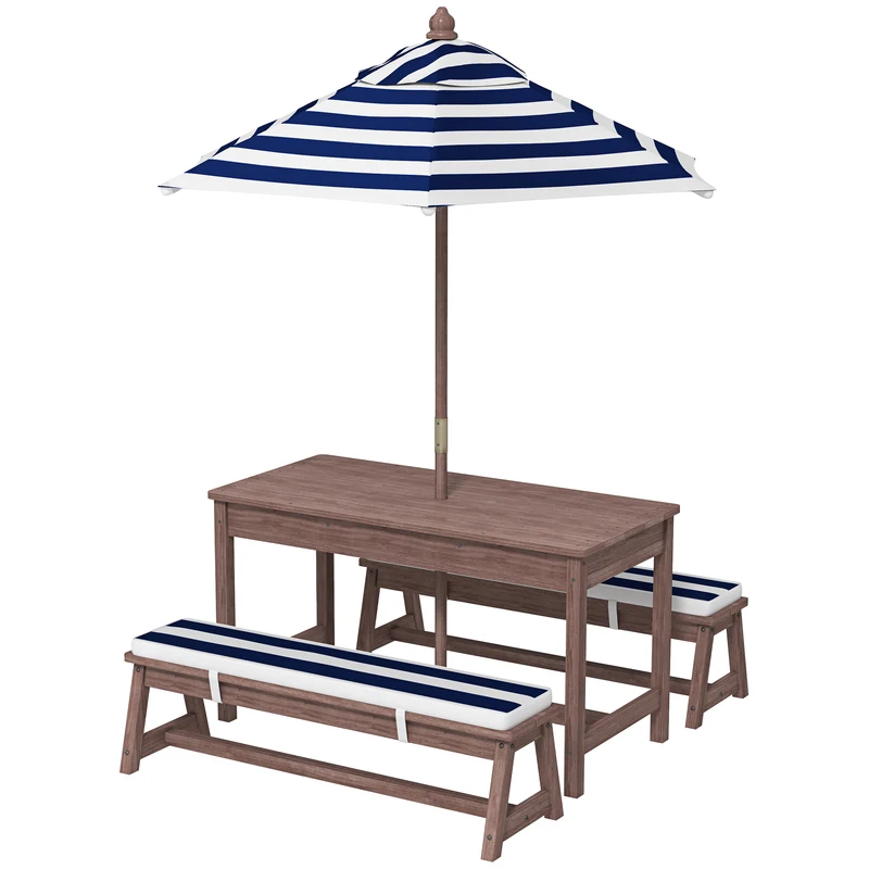 Ensemble salon de jardin enfant 3+ans table et bancs 89 x 44 x 50 cm parasol amovible coussins scandinave en bois marron 21_0000744