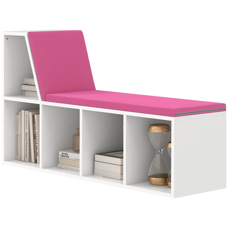 Bibliothèque banc 2 en 1 rangement assise entrée 108 x 30 x 60 cm 5 niches 2 coussins contemporain épuré en MDF blanc 21_0002488