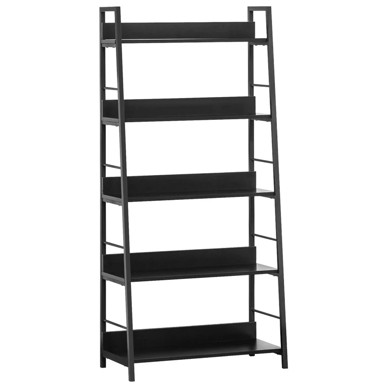 Étagère bibliothèque inclinée salon bureau 70 x 35 x 150 cm 5 niveaux gain de place robuste style industriel en MDF noir 21_0002374