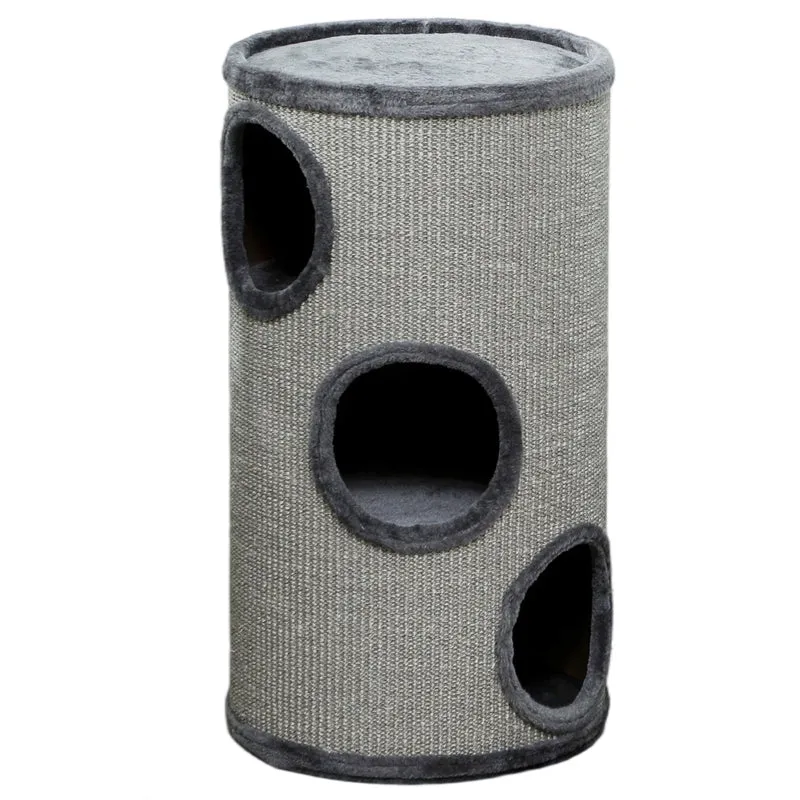 Tonneau griffoir pour chat 38 x 70 cm trois niveaux nid douillet moderne scandinave salon chambre en sisal gris clair 21_0007673