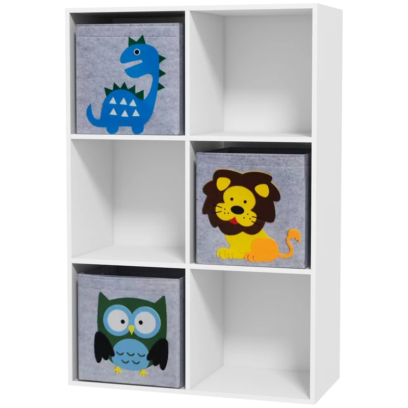 Meuble étagère 6 cases enfant 61,8 x 29,9 x 91,5 cm rangement antidérapant 3 paniers imprimés scandinave en MDF blanc 21_0000154