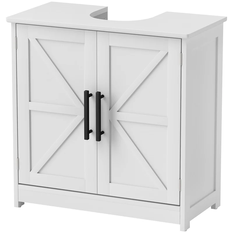 Meuble sous lavabo salle de bain 60 x 30 x 60 cm rangement modulable étagères réglable portes rustiques en MDF blanc 21_0002058