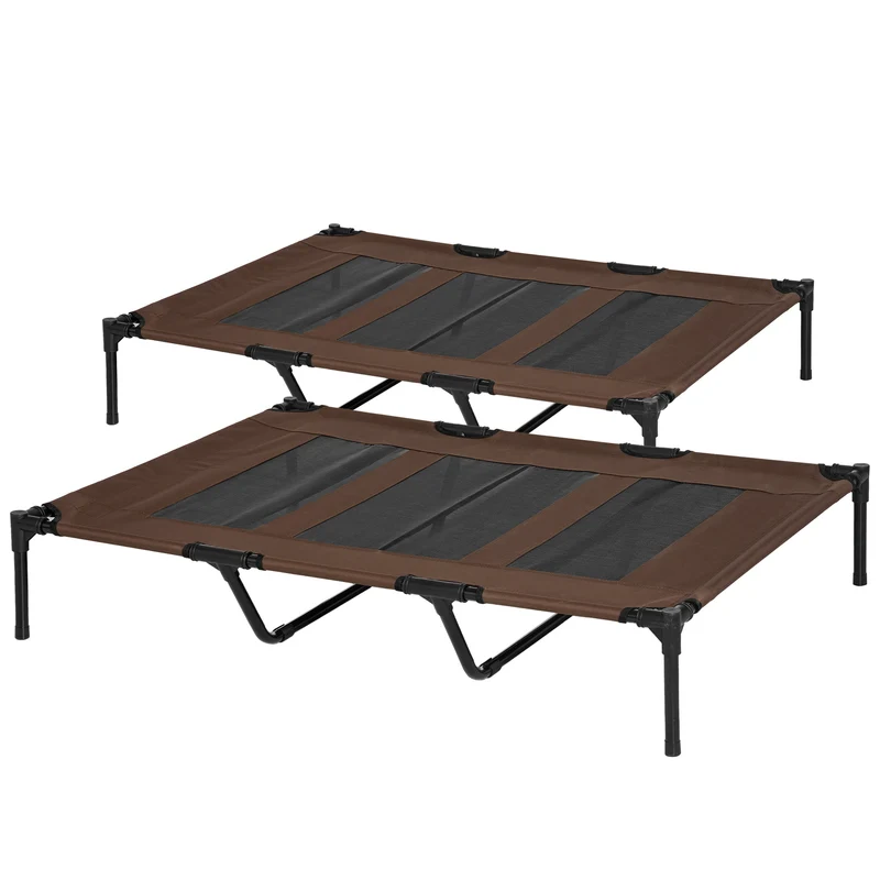 Lot de 2 lits sur pieds chien chat 122 x 92 x 23 cm aéré surélevé anti humidité contemporain en textilène marron clair 21_0007380