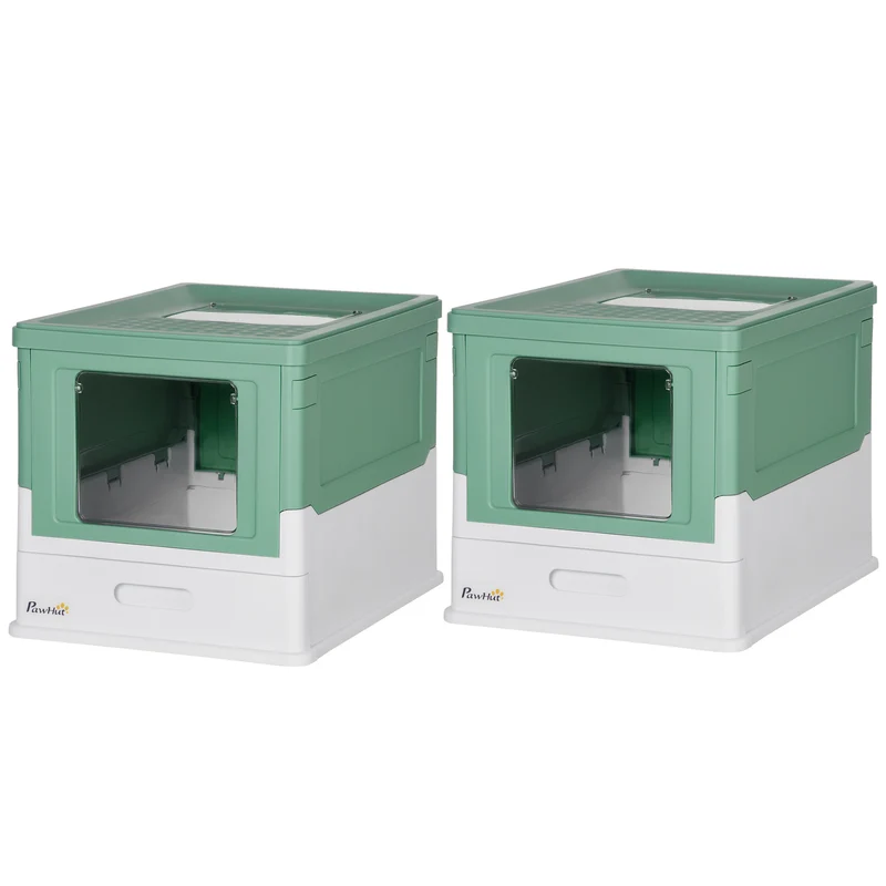 Lot de 2 bacs à litière pour chat pliables 47,5 x 35,5 x 36,7 cm tiroir coulissant et pelle moderne épuré en PP vert 21_0007818