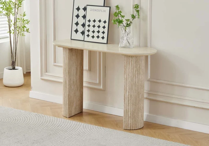 Console ovale travertin beige cannelée - Terra