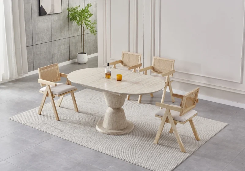 Ensemble table ronde extensible travertin et chaises cannage - Pietra