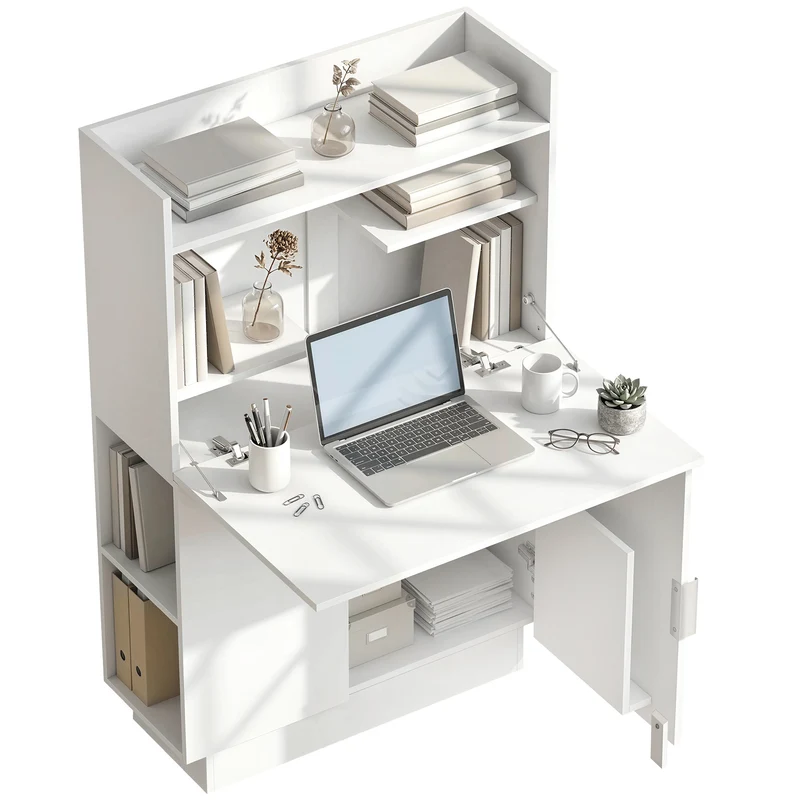 Bureau secrétaire pliant 80 x 30 x 128 cm rangement discret fermeture style scandinave en panneau de particules blanc 21_0002569