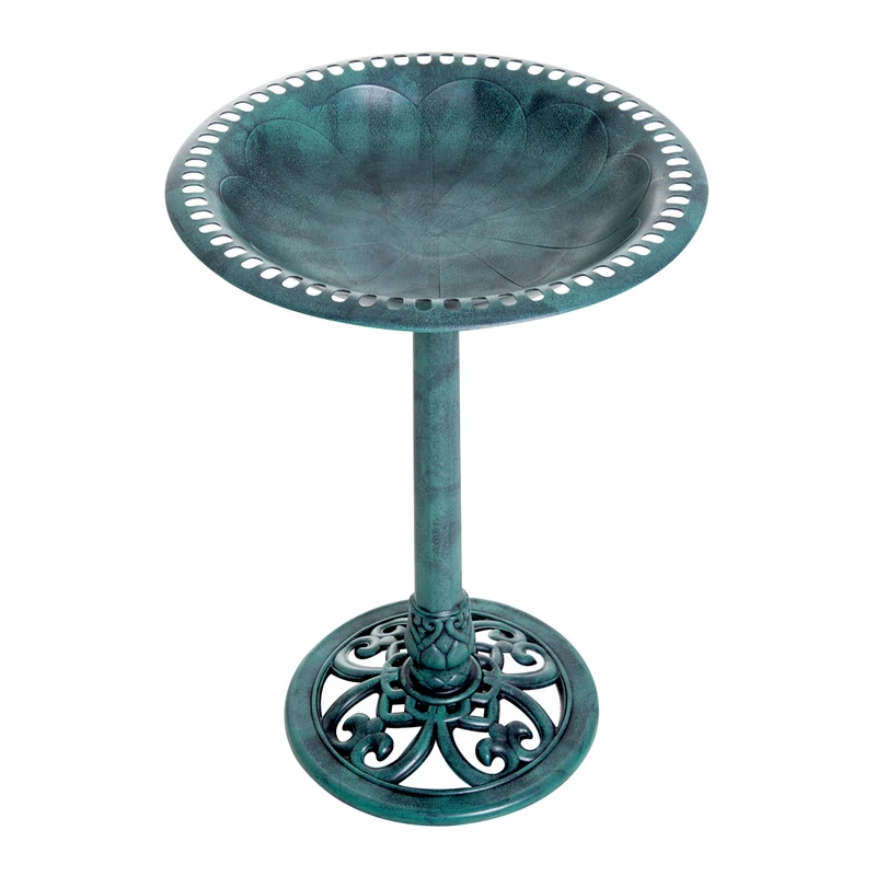 Bain d'oiseaux sur pied jardin plateau 50 x 69,5 cm bol profond 9,5 cm stabilité piquets rustique décoratif en PP vert 21_0003922