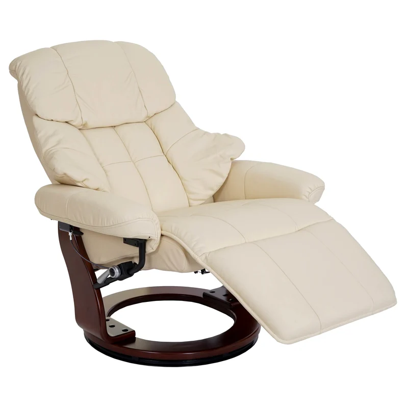 Fauteuil TV relaxation pivotant avec accoudoirs larges en cuir véritable crème cadre aspect en bois noyer 04_0007814