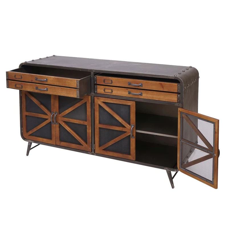 Buffet quatre compartiments de rangement avec porte design industriel bois de sapin et métal 80x126x38 cm marron-noir 04_0005985
