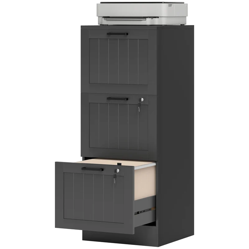 Caisson de bureau 3 tiroirs 40 x 40 x 101 cm serrure 4 clés rails a4 compact finition mate moderne épuré en MDF noir 21_0006402