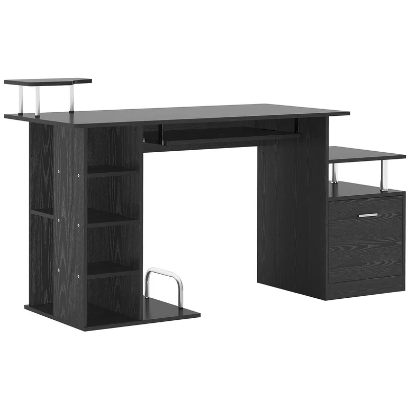 Bureau informatique modulable 152 x 60 x 88 cm grand plateau de travail rangement optimisé design moderne en MDF noir 21_0006118