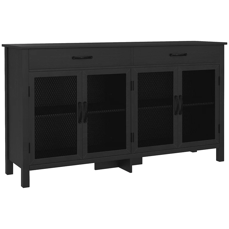 Buffet bas 150 x 40 x 85 cm deux tiroirs étagère réglable style industriel design salon salle à manger en mélamine noir 21_0002355