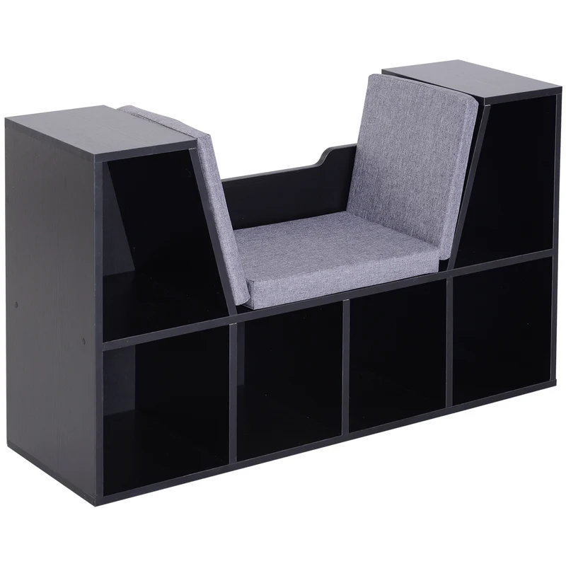 Bibliothèque banc 2 en 1 chambre 102 x 30 x 61 cm siège coussin amovible 6 casiers moderne en panneau de particules noir 21_0002415