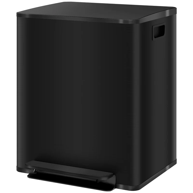 Poubelle de cuisine double 2 x 25 L 47,7 x 37,5 x 56 cm pédale fermeture douce design épuré en acier inoxydable noir 21_0005915