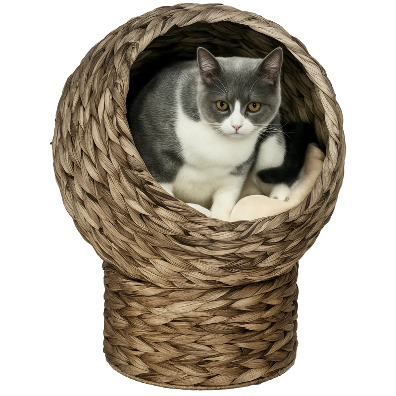 Panier pour chat niche boule 40 x 37 x 51 cm confort ultra moelleux scandinave chaleureux en feuilles de bananier gris 21_0007620