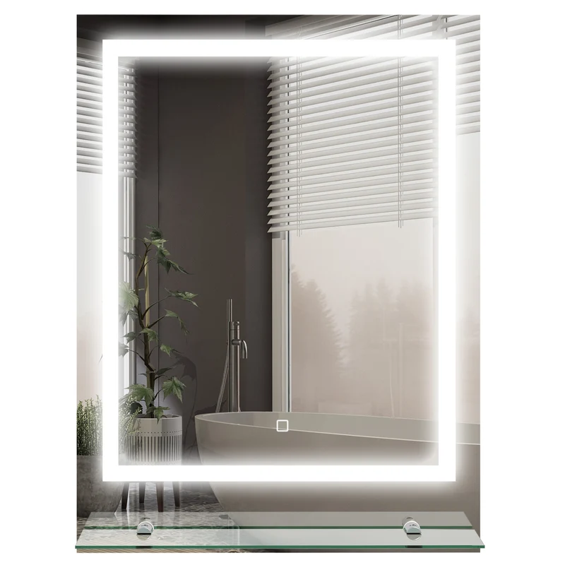 Miroir mural lumineux salle de bain 70 x 50 x 2,7 cm antibuée étagère intégrée moderne épuré en verre trempé transparent 21_0002006