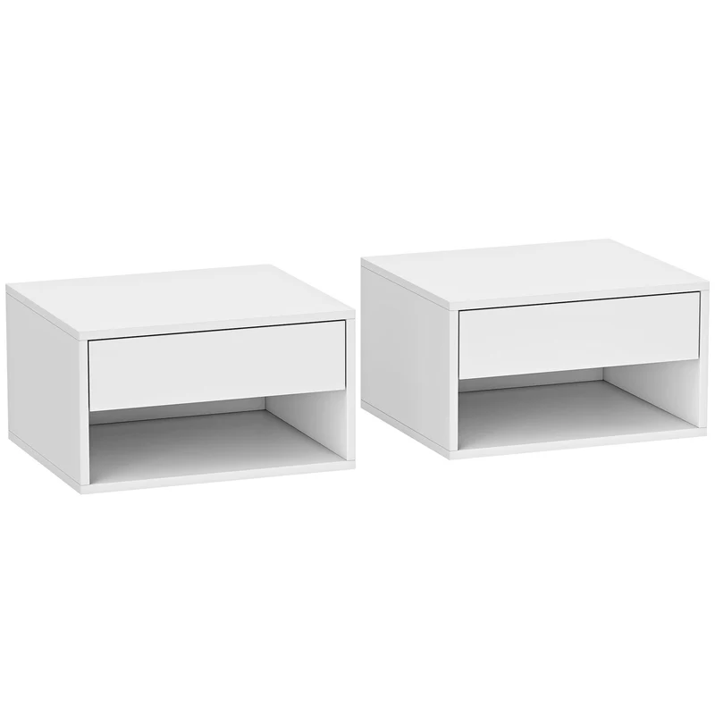 Lot de 2 tables de chevet murales 37 x 32 x 21 cm tiroir étagère gain de place moderne en panneau de particules blanc 21_0001554