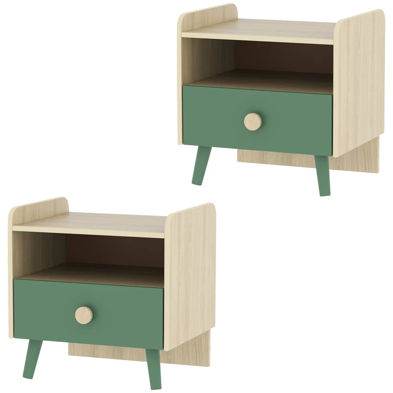 Lot de 2 tables de chevet enfant 40 x 32,5 x 40 cm rangement tiroir et niche nettoyable scandinave épuré en MDF vert 21_0000259