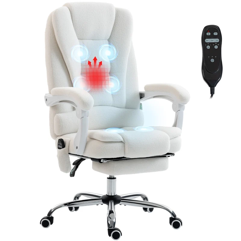 Fauteuil de bureau ergonomique massant chauffant 65 x 70 x 111-119 cm inclinable contemporain en polaire teddy blanc 21_0006204