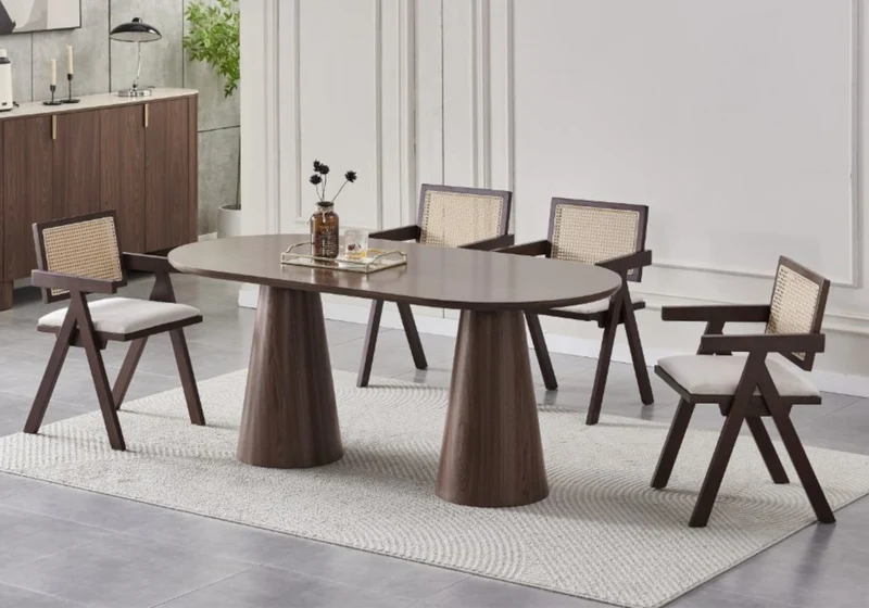 Ensemble table et chaises noyer cannage - Monza