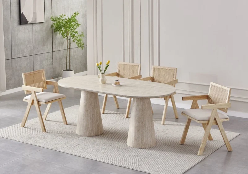 Ensemble table travertin et chaises cannage naturel - Monza