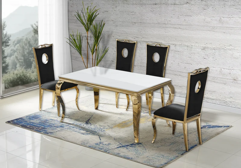 Ensemble table verre blanc et 4 chaises or – Neo