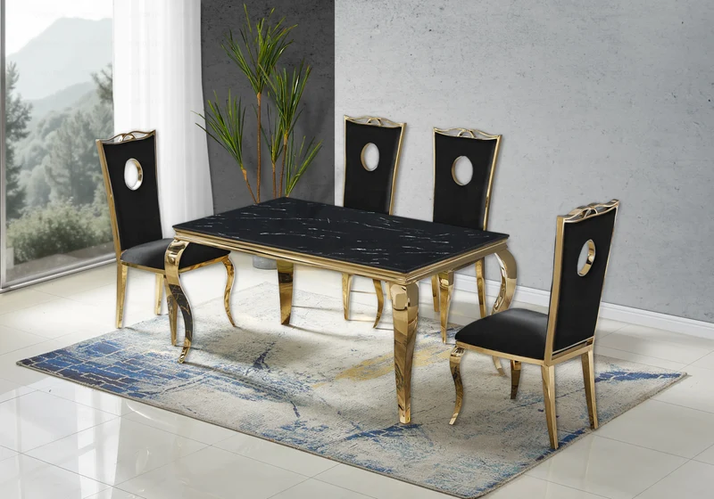 Ensemble table marbre noir et 4 chaises or – Neo