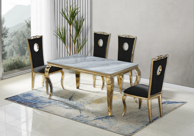 Ensemble table marbre gris et 4 chaises or – Neo