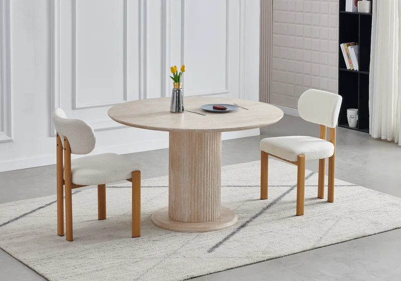Ensemble table ronde travertin et 4 chaises - Inaya