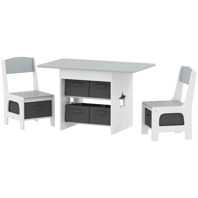 Lot de 3 ensemble table et chaises enfant chambre jeu 80 x 48 x 49 cm 6 tiroirs bords arrondis moderne épuré en MDF gris 21_0000232