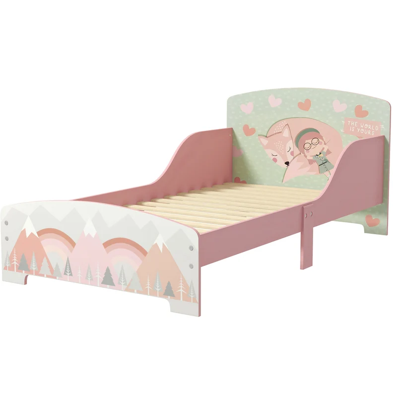 Lit enfant basse hauteur avec barrières de sécurité 143 x 77 x 60 cm accès autonome bords arrondis moderne en MDF rose 21_0000245