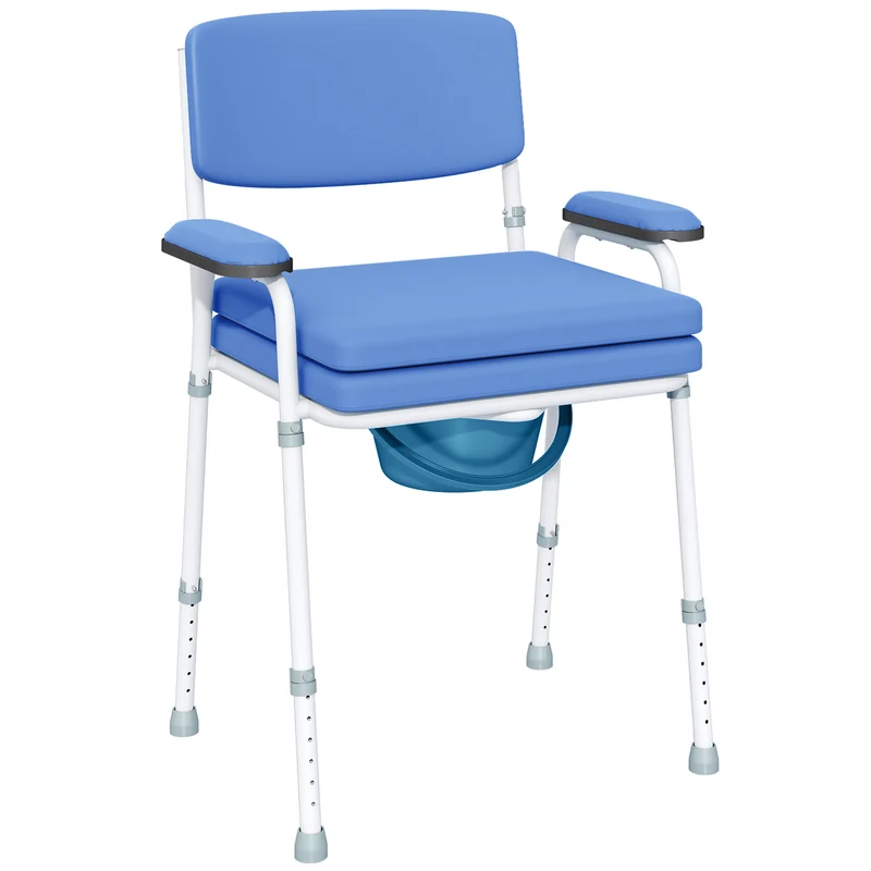 Chaise percée d'aisance 61 x 54 x 102 cm hauteur réglable seau amovible usage médical moderne épuré en acier bleu clair 21_0000900