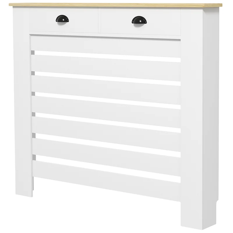 Cache-radiateur à lattes horizontales avec 2 tiroirs 111 x 19 x 96 cm protège enfants animaux moderne épuré en MDF blanc 21_0001138