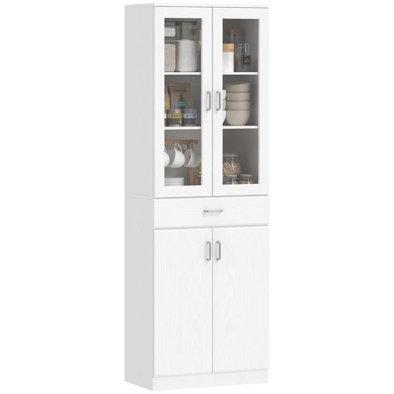 Buffet grand de cuisine rangement 60 x 35 x 180 cm portes en verre et étagères réglables moderne épuré en MDF blanc 21_0003378