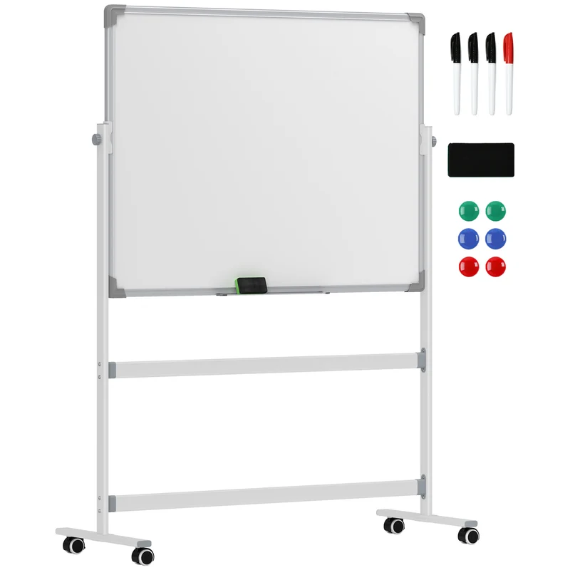 Tableau blanc magnétique double face 120 x 90 x 1,8 cm rotatif verrouillable pour écoles et bureaux design en acier blanc 21_0006097