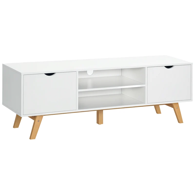 Meuble tv bas salon 150 x 39 x 50 cm 2 portes 2 niches passe fils scandinave épuré pratique solide stable en MDF blanc 21_0001760