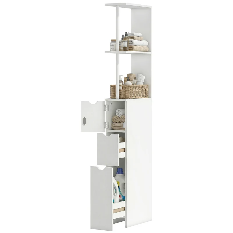 Meuble colonne salle de bain 15 x 33 x 136.8 cm élancé avec tiroirs et étagères sécurisé fini mat moderne en MDF blanc 21_0001849