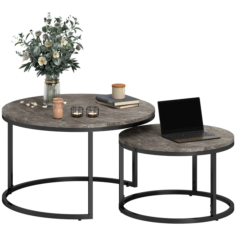 Lot de 2 tables basses gigognes encastrables salon 78,5 x 78,5 x 46,5 cm gain de place design industriel en MDF gris 21_0001811