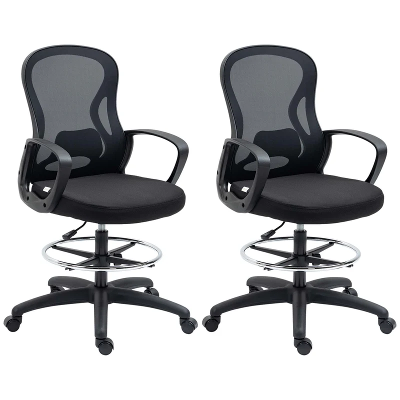Lot de 2 fauteuils de bureau assise haute réglable 59 x 65 x 103-123 cm pivotant 360° cosy contemporain en maille noir 21_0006345