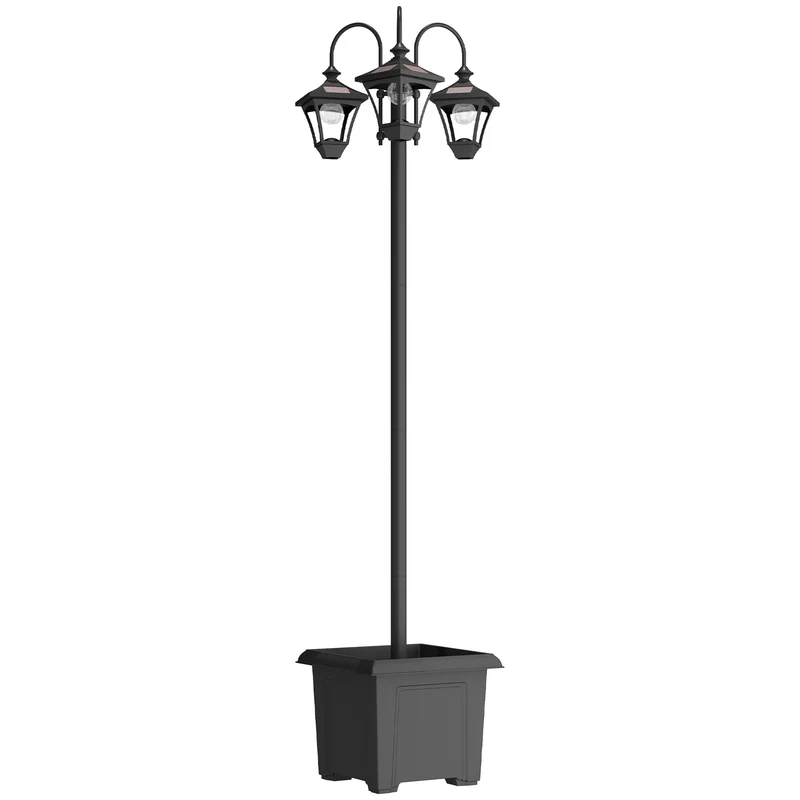 Lampadaire extérieur sur pied 52 x 52 x 185 cm solaire jardinière et capteur crépuscule épuré en acier inoxydable noir 21_0006999