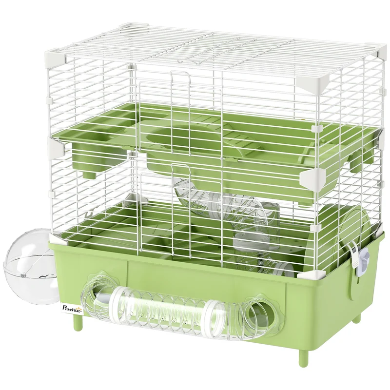 Cage pour hamster à deux niveaux 44,5 x 28 x 44 cm avec roue d'exercice et bain de sable moderne épuré en acier vert 21_0008006