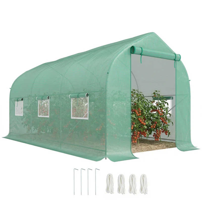 Serre tunnel de jardin 400 x 200 x 200 cm porte zippée 6 fenêtres ventilation réglable moderne en polyéthylène vert 21_0004202