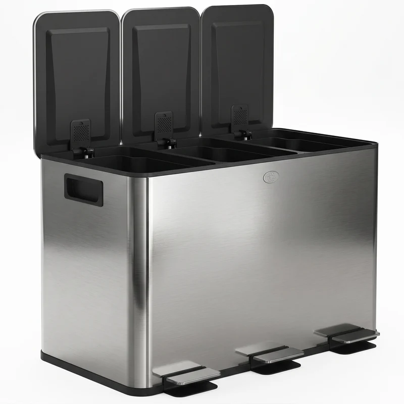 Poubelle de cuisine tri 61,9 x 36,6 x 56,7 cm seaux amovibles couvercles silencieux moderne en acier inoxydable argent 21_0005911