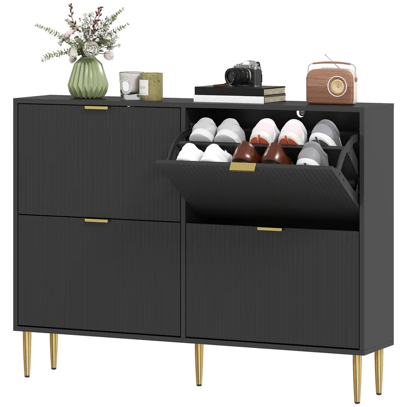 Meuble à chaussures entrée 105 x 24 x 91.5 cm rangement 20 paires étagères réglables cannelées moderne épuré en MDF noir 21_0002765
