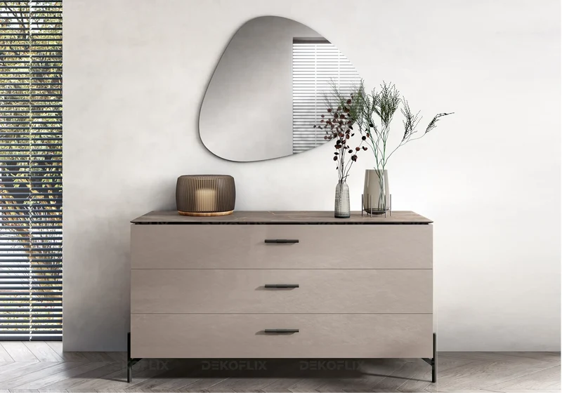 Commode 3 tiroirs marbre beige et laquée corde - Silvia