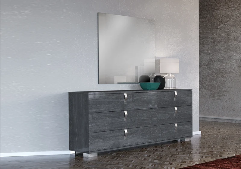 Commode 6 tiroirs bouleau gris laqué design - Sarah