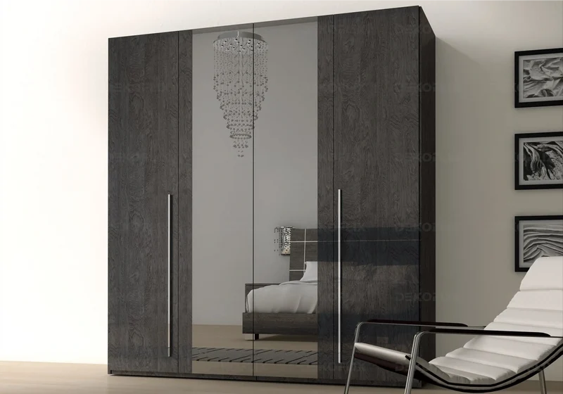 Armoire 3 à 5 portes avec miroir bouleau gris laqué - Sarah